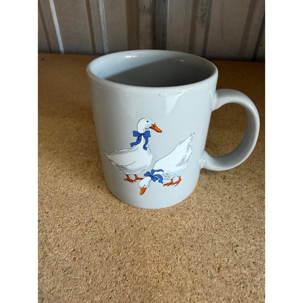 Vintage Style Goose Coffee Mug White Geese with Blue Bows Ceramic Cup Gray
